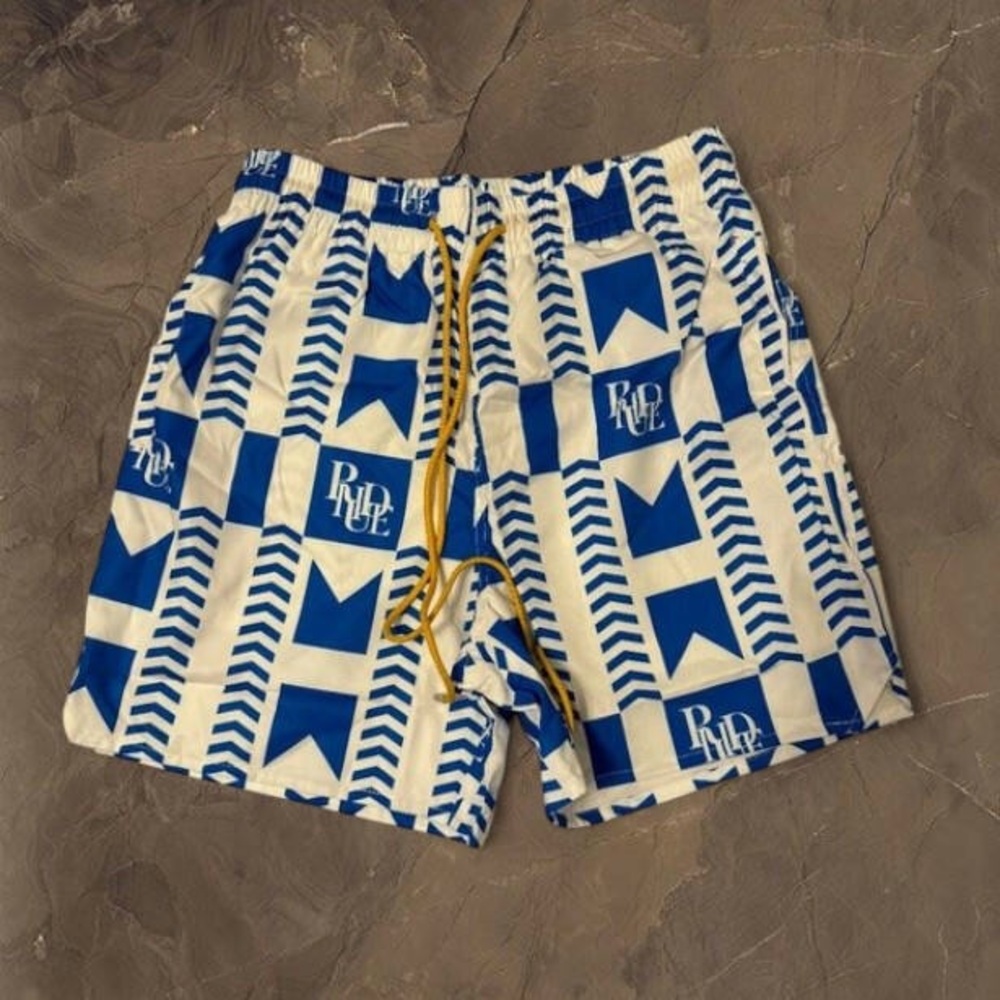 Rhude Blue and White Geometric Shorts